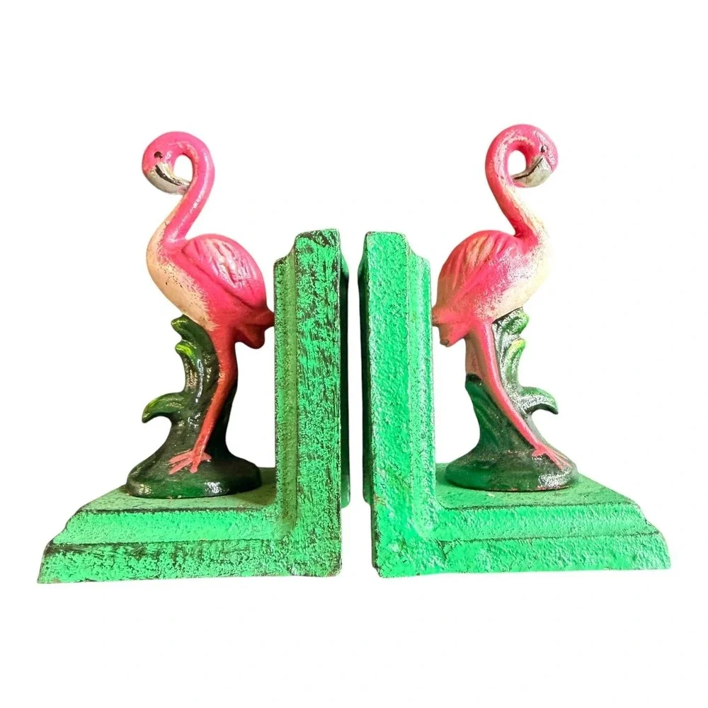Pink Flamingo Cast Iron Bookends Pair Tropical Coastal Vintage Style